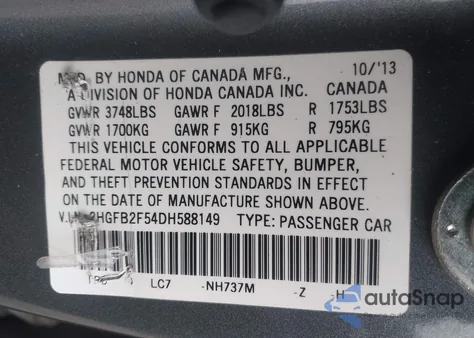 2013 Honda Civic Lx from USA, damaged, VIN 2HGFB2F54DH588149